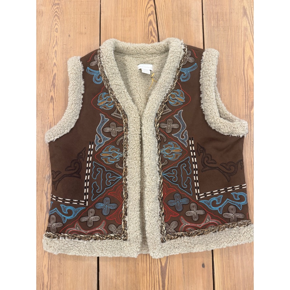 NWT House of Harlow 1960 Embroidered Sherpa Trim Vest One Size Boho Chic Brown‎